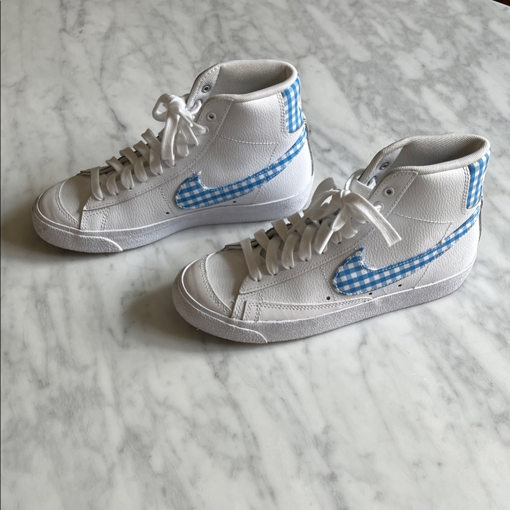 Nike Blazer Mid 77 Blue & White Gingham (Women's) High-Top Sneakers